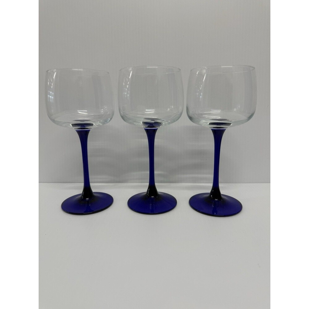 Set of 3 Cobalt Blue Stemmed Hock Wine Glasses France 7"H